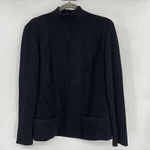 Talbots Shirt Women 12 Black Wool Stretch Mock Neck Back Zip Long Sleeve Pockets